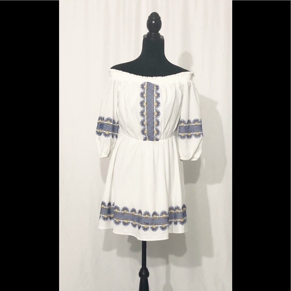 Kaari Blue Boho white summer bardot style dress XL Petite